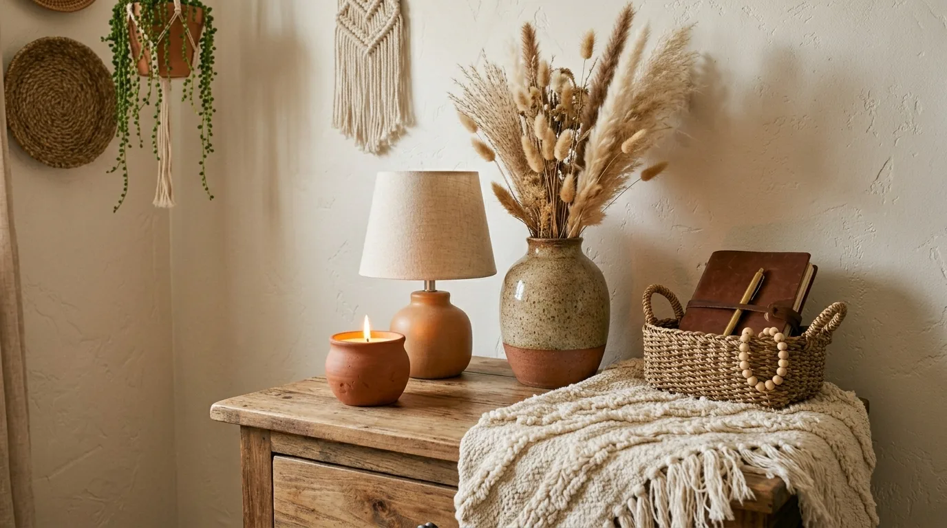 Use rattan and cane pieces for lighter boho structure inspiration for a boho bedroom.